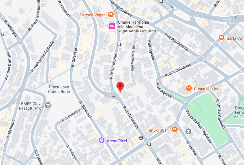 Mapa estático indicando a localização do consultório na Rua Harmonia, 1028, Sumarezinho, São Paulo